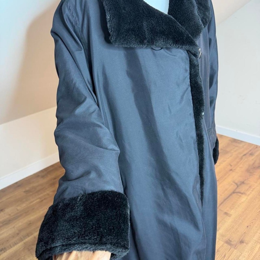 Reversible Black Faux Fur Maxi Coat Mob Wife Quiet Luxury Winter Glam Party Cozy - Picture 5 of 8